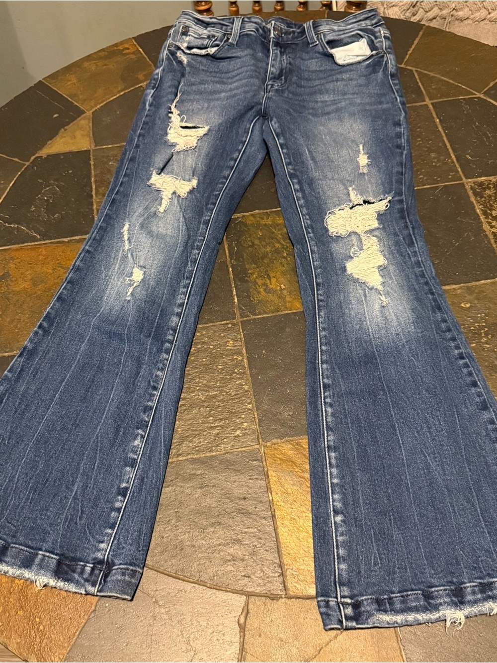 Women's Distressed Dark Blue Flare Jeans